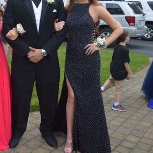 La Femme A-Line Black Sequin Prom Dress